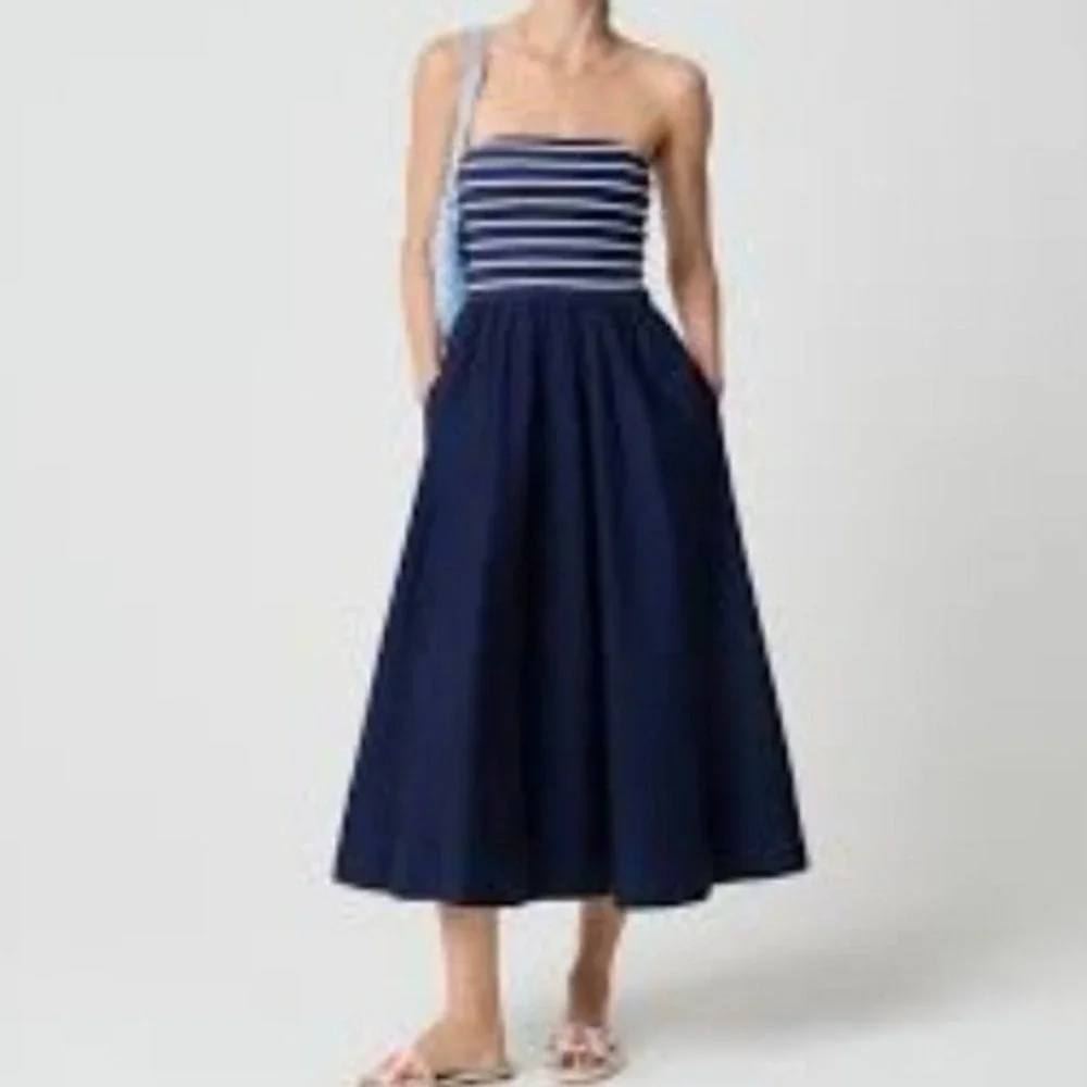 J.Crew Mixed-media Midi Dress Navy Blue White Striped Size Medium